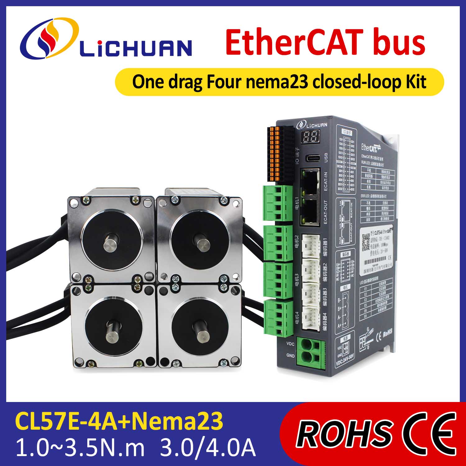 EtherCAT 2 Fazlı Nema23 4 Eksenli DC Kapalı Döngü Step Motor Sürücü Seti