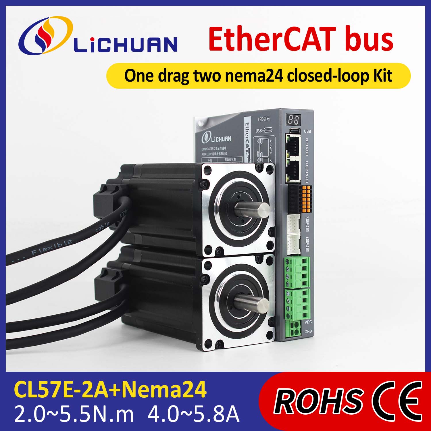 EtherCAT 2 Fazlı Nema24 2 Eksenli DC Kapalı Döngü Step Motor Sürücü Seti