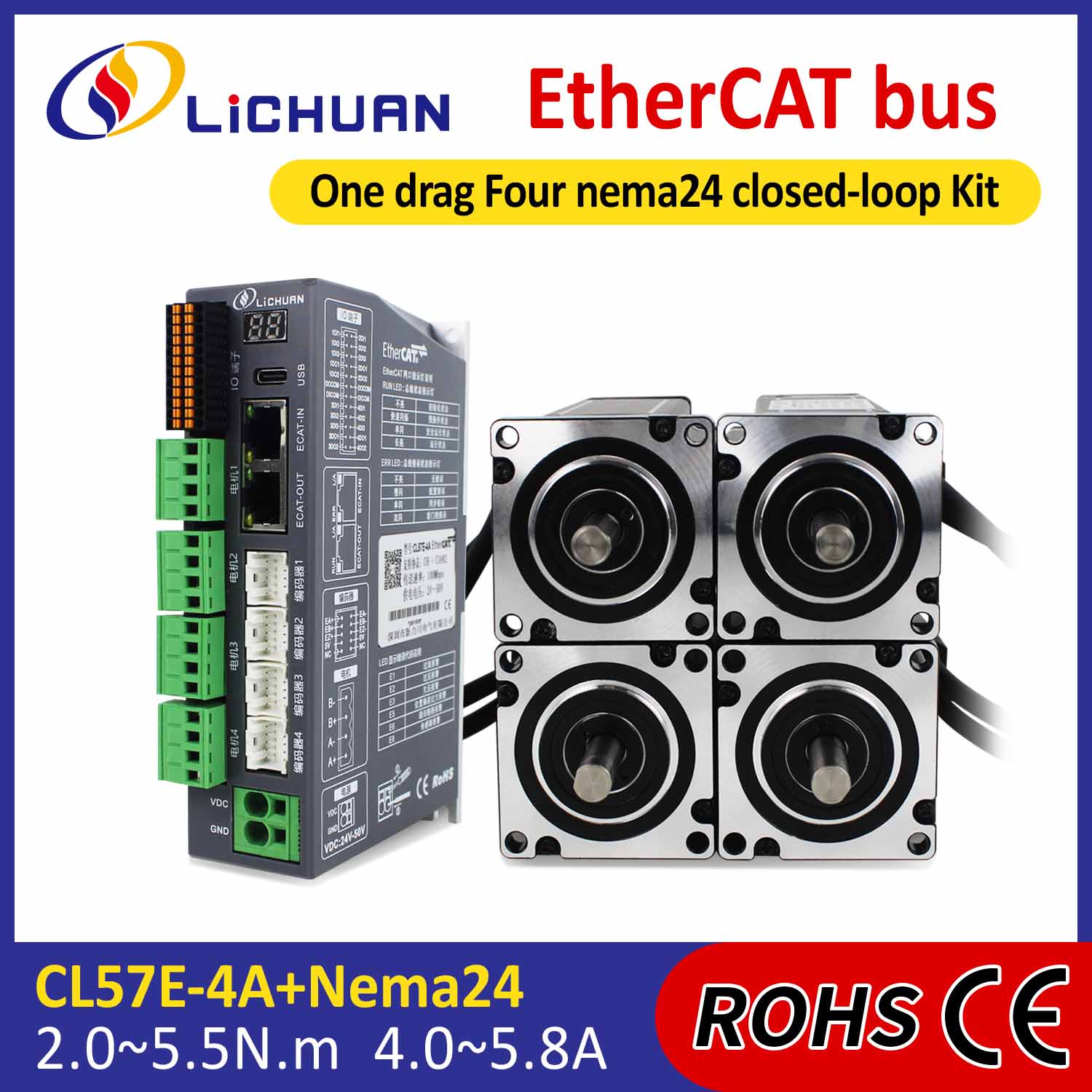 EtherCAT 2 Fazlı Nema24 4 Eksenli DC Kapalı Döngü Step Motor Sürücü Seti
