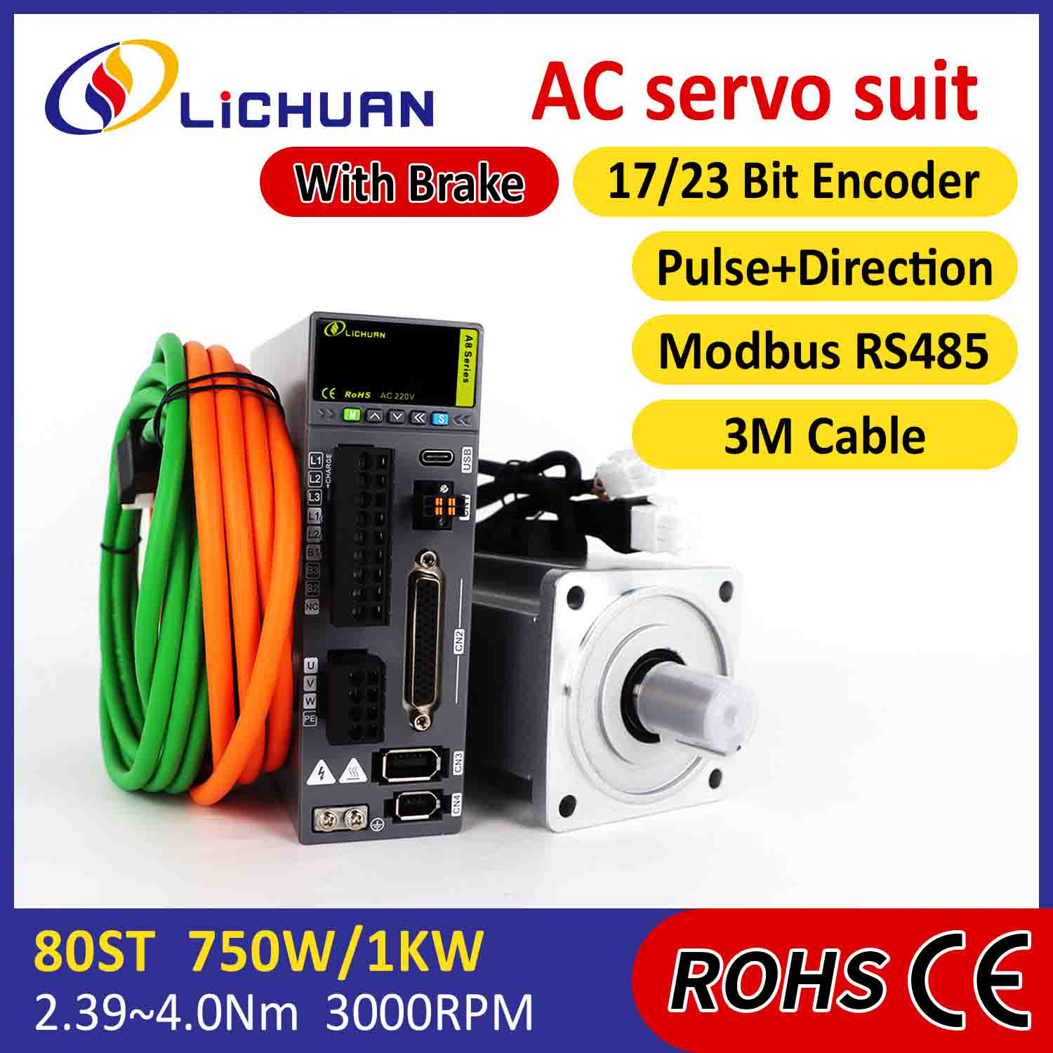Lichuan AC Servo Motor Sürücüleri Kiti A8 Yüksek Doğruluklu STO ABZ 1000W 1KW 3.2N.m 220V 5.8A 2500/3000RPM IP65