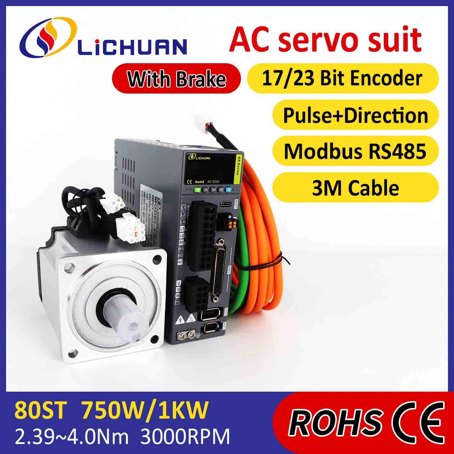 Lichuan AC Servo Motor Sürücüleri Kiti A8 Yüksek Doğruluklu STO ABZ 1001W 1KW 4.0N.m 220V 4.6A 2500/3000RPM IP65