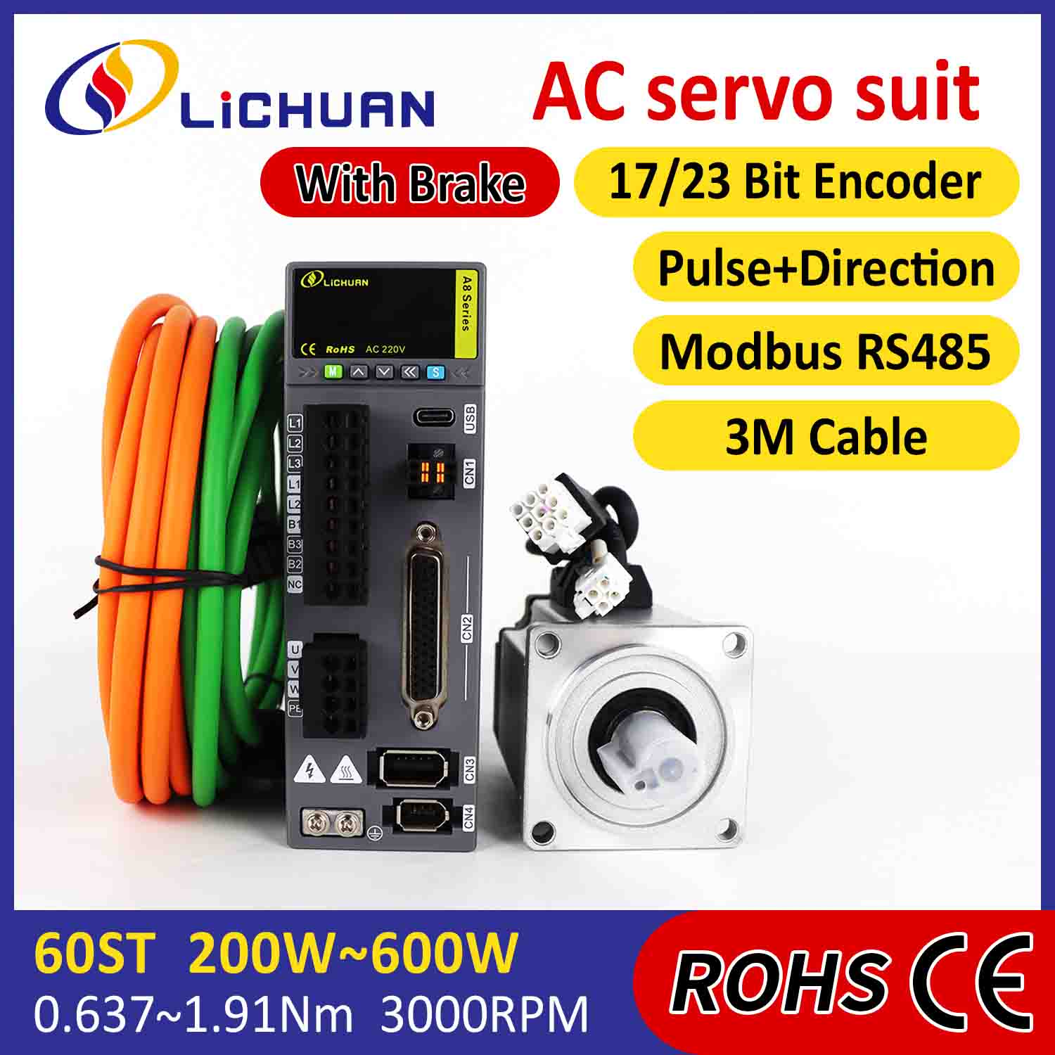 Lichuan AC Servo Motor Sürücüleri Kiti A8 Yüksek Doğruluklu STO ABZ 200W 0.637N.m 220V 1.6A 3000RPM IP65