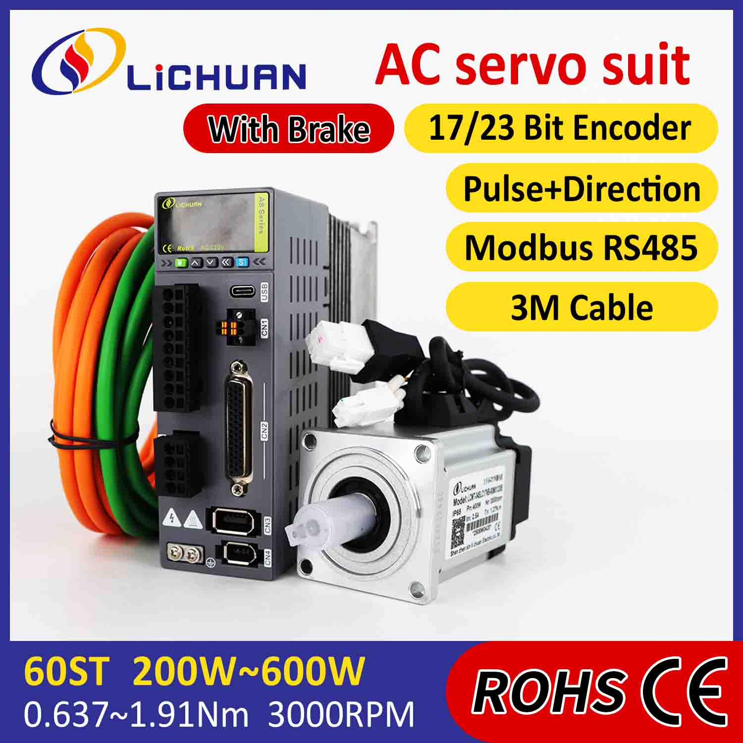 Lichuan AC Servo Motor Sürücüleri Kiti A8 Yüksek Doğruluklu STO ABZ 400W 1.27N.m 220V 2.5A 3000RPM IP65