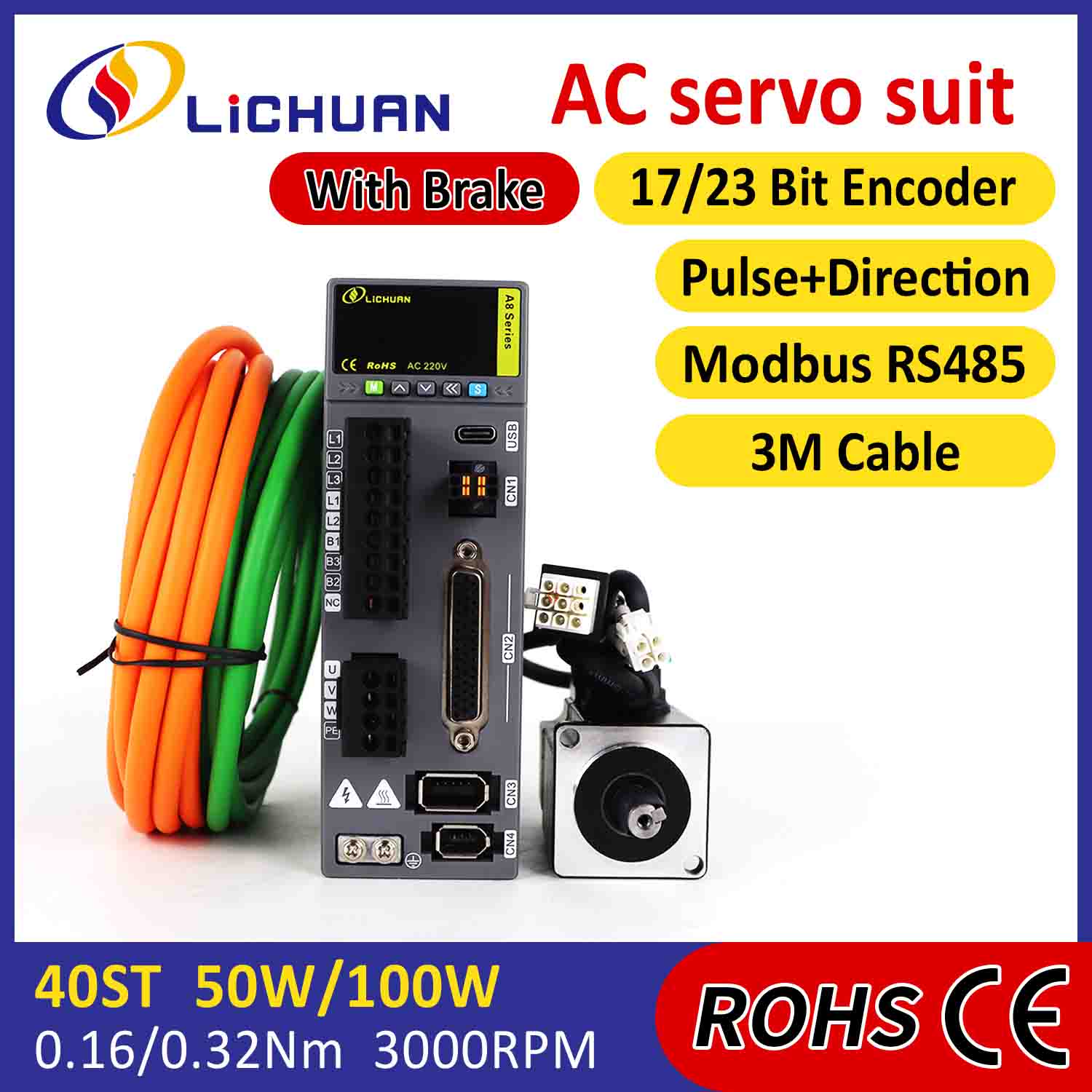 Lichuan AC Servo Motor Sürücüleri Kiti A8 Yüksek Doğruluklu STO ABZ 50W 0.16N.m 220V 0.8A 3000RPM IP65
