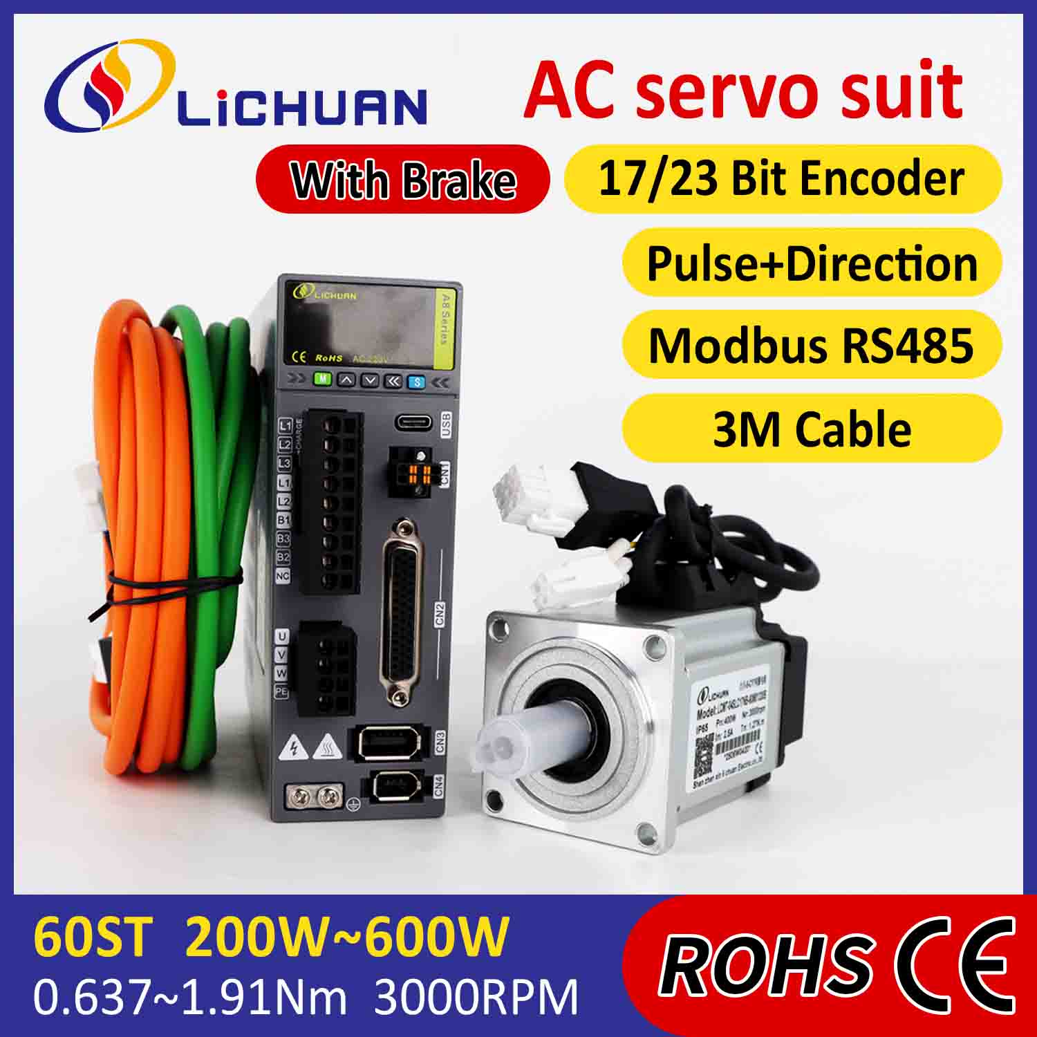 Lichuan AC Servo Motor Sürücüleri Kiti A8 Yüksek Doğruluklu STO ABZ 600W 1.91N.m 220V 3.3A 3000RPM IP65