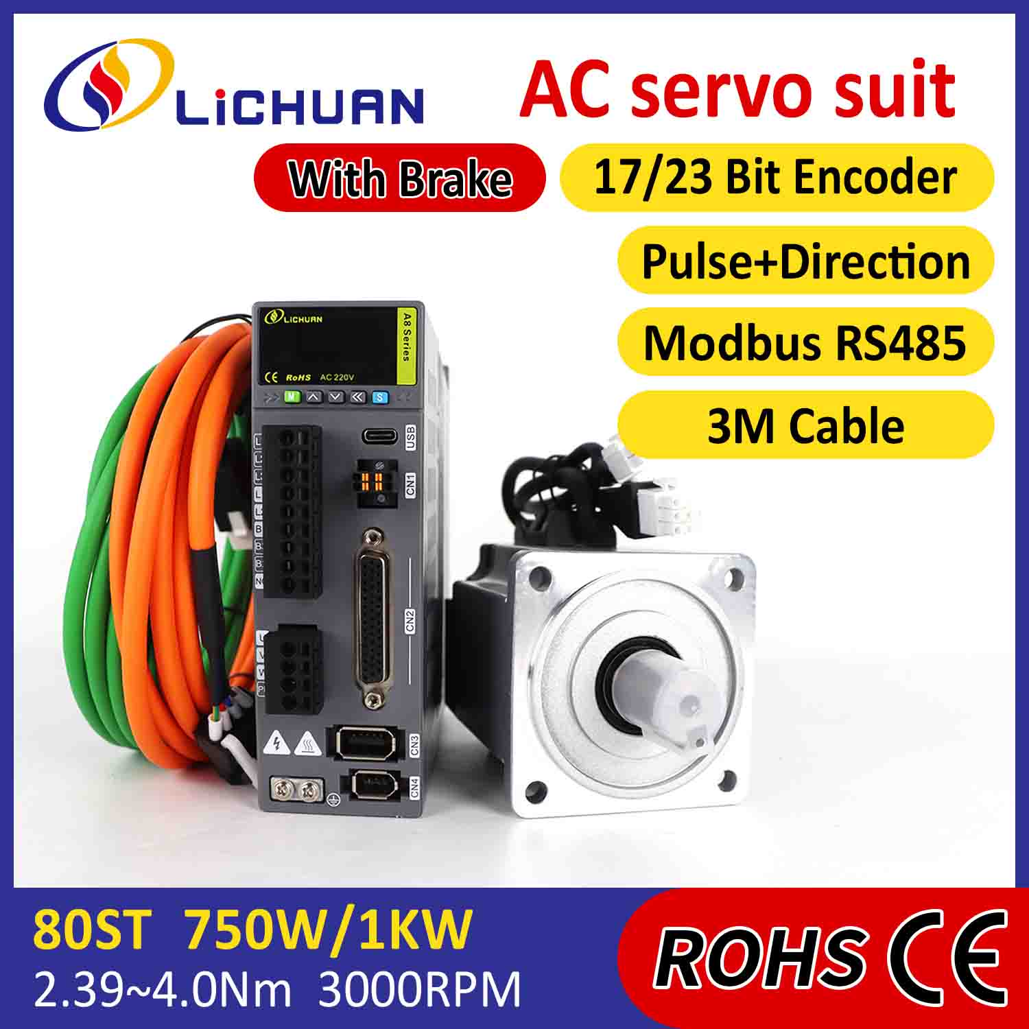 Lichuan AC Servo Motor Sürücüleri Kiti A8 Yüksek Doğruluklu STO ABZ 750W 0.75KW 2.39N.m 220V 4.5A 2500/3000RPM IP65