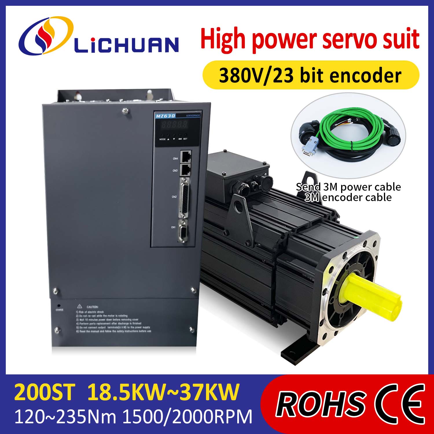 Lichuan AC Servo Motor Sürücüleri Kiti YÜKSEK GÜÇ 88N.m 18.5KW AC380V 31.6A 1500/2000RPM IP65