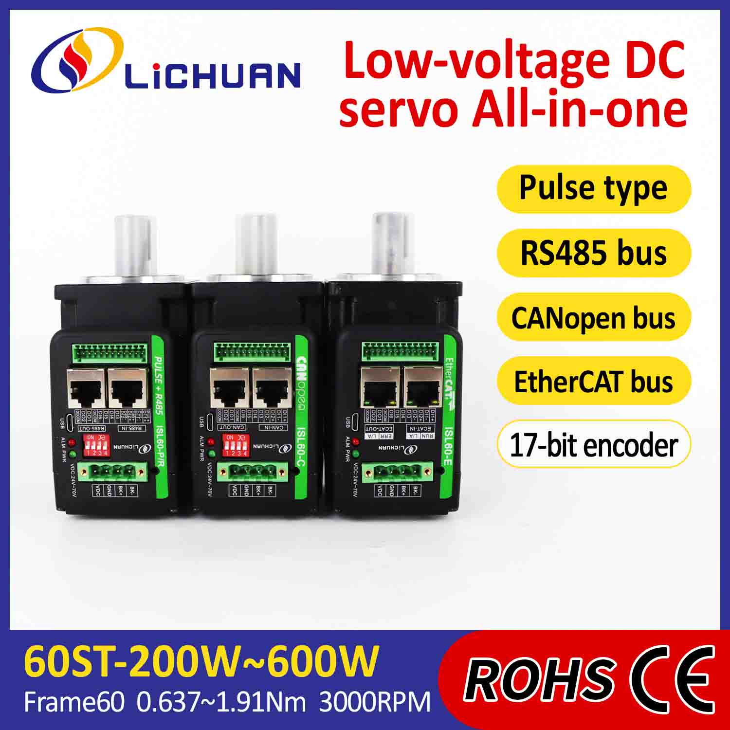 Lichuan Entegre Servo Motorlar Sürücüsü L şeklinde 200W 0.637N.m DC24/48V 6.0/10/12/15A 3000RPM IP65
