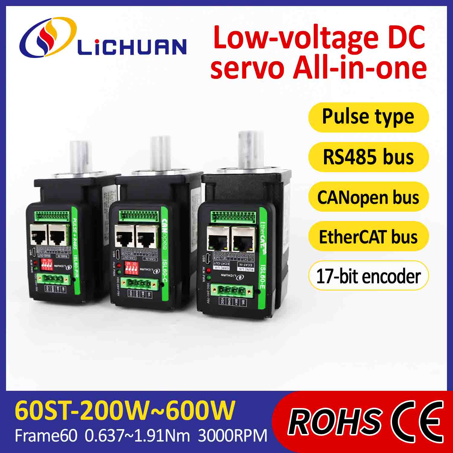 Lichuan Entegre Servo Motorlar Sürücüsü L şeklinde 400W 1,27N.m DC24/48V 6,0/10/12/15A 3000RPM IP65
