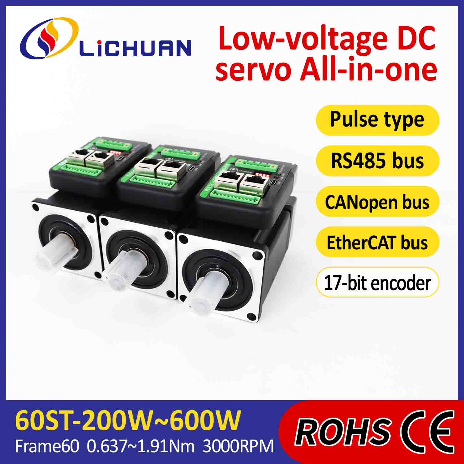 Lichuan Entegre Servo Motorlar Sürücüsü L şeklinde 600W 1,91N.m DC24/48V 6,0/10/12/15A 3000RPM IP65