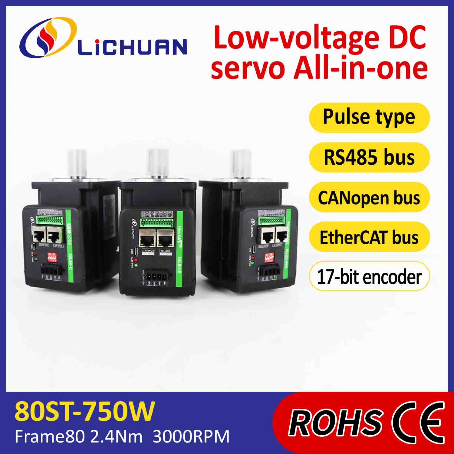 Lichuan Entegre Servo Motorlar Sürücüsü L şeklinde 750W 2,4N.m DC48V 20A 3000RPM IP65