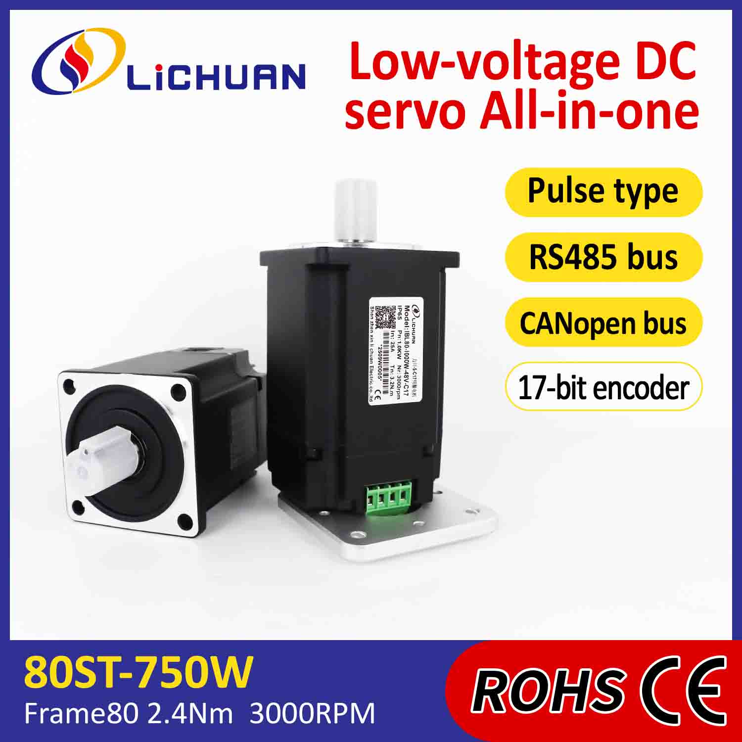 Lichuan Entegre Servo Motorlar Sürücü Darbesi/RS485/CANopen Kontrolü 1000W 3,2N.m DC48V 20/25A 3000RPM IP65