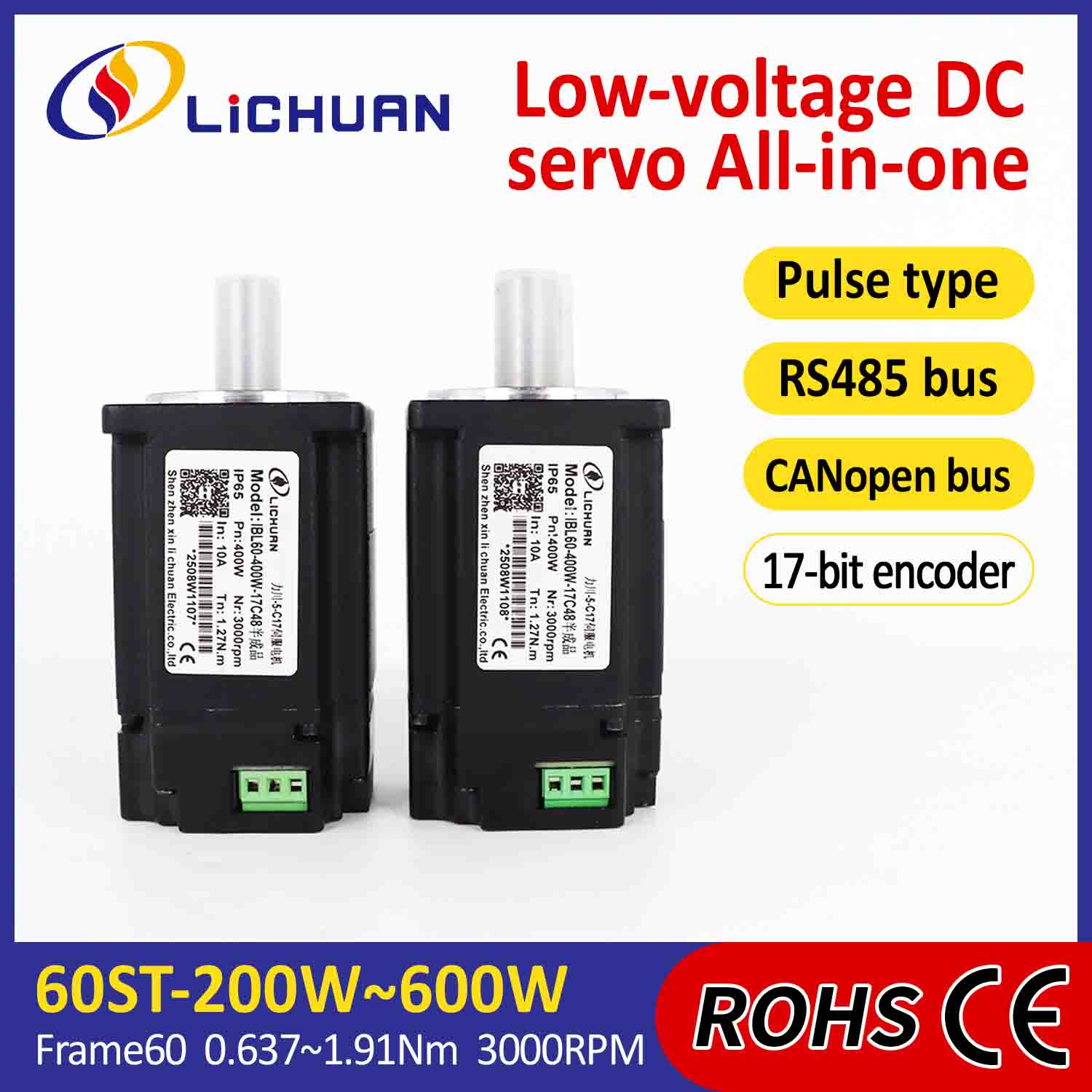 Lichuan Entegre Servo Motorlar Sürücü Darbesi/RS485/CANopen Kontrolü 200W 0.637N.m DC24/48V 6/10/12/15A 3000RPM IP65