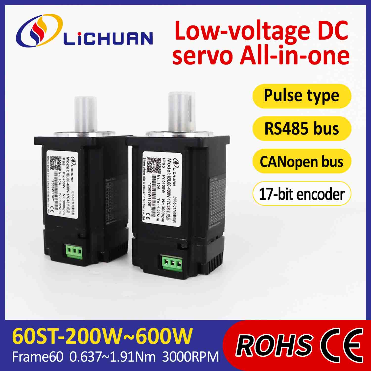 Lichuan Entegre Servo Motorlar Sürücü Darbesi/RS485/CANopen Kontrolü 400W 1,27N.m DC24/48V 6/10/12/15A 3000RPM IP65