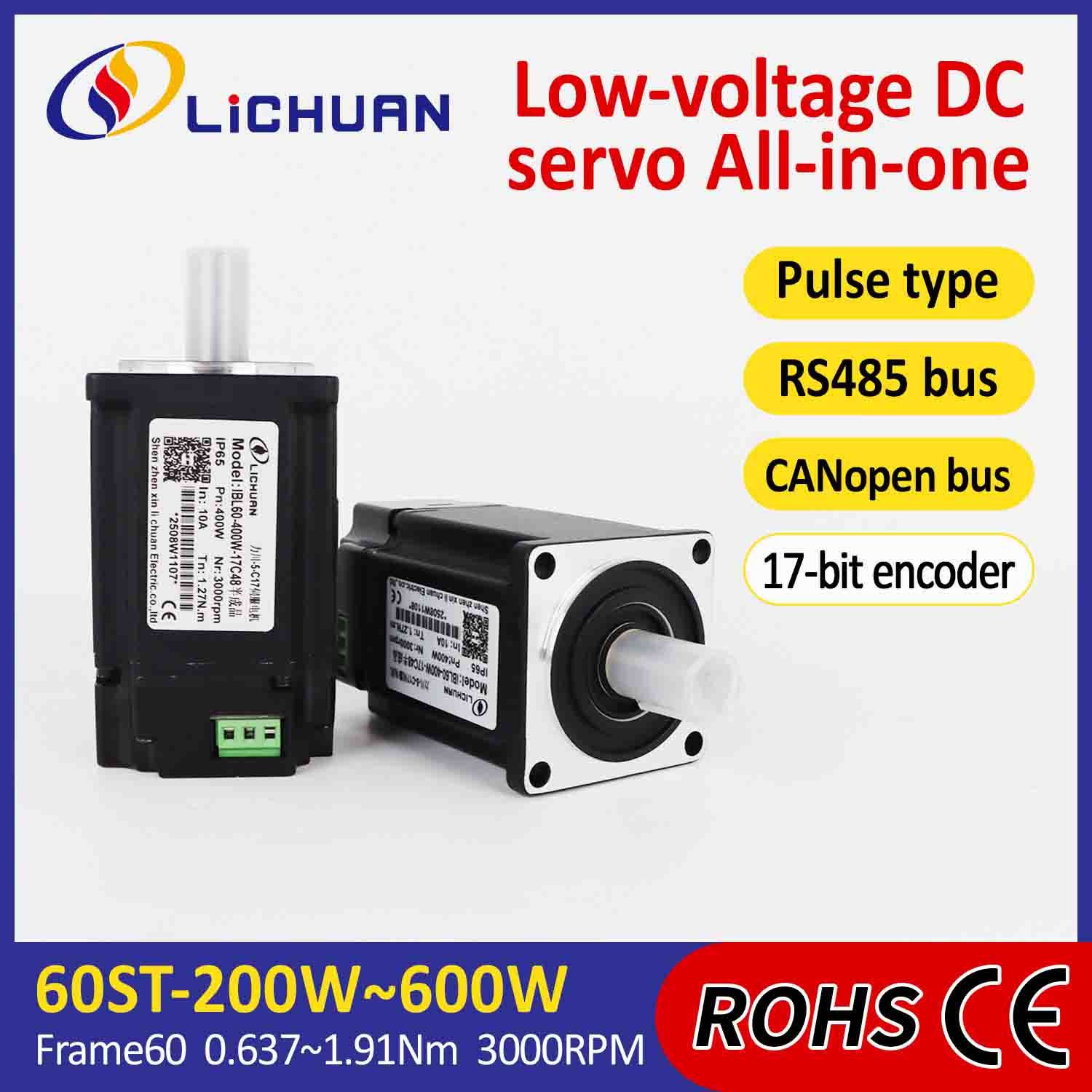 Lichuan Entegre Servo Motorlar Sürücü Darbesi/RS485/CANopen Kontrolü 600W 1,91N.m DC24/48V 6/10/12/15A 3000RPM IP65