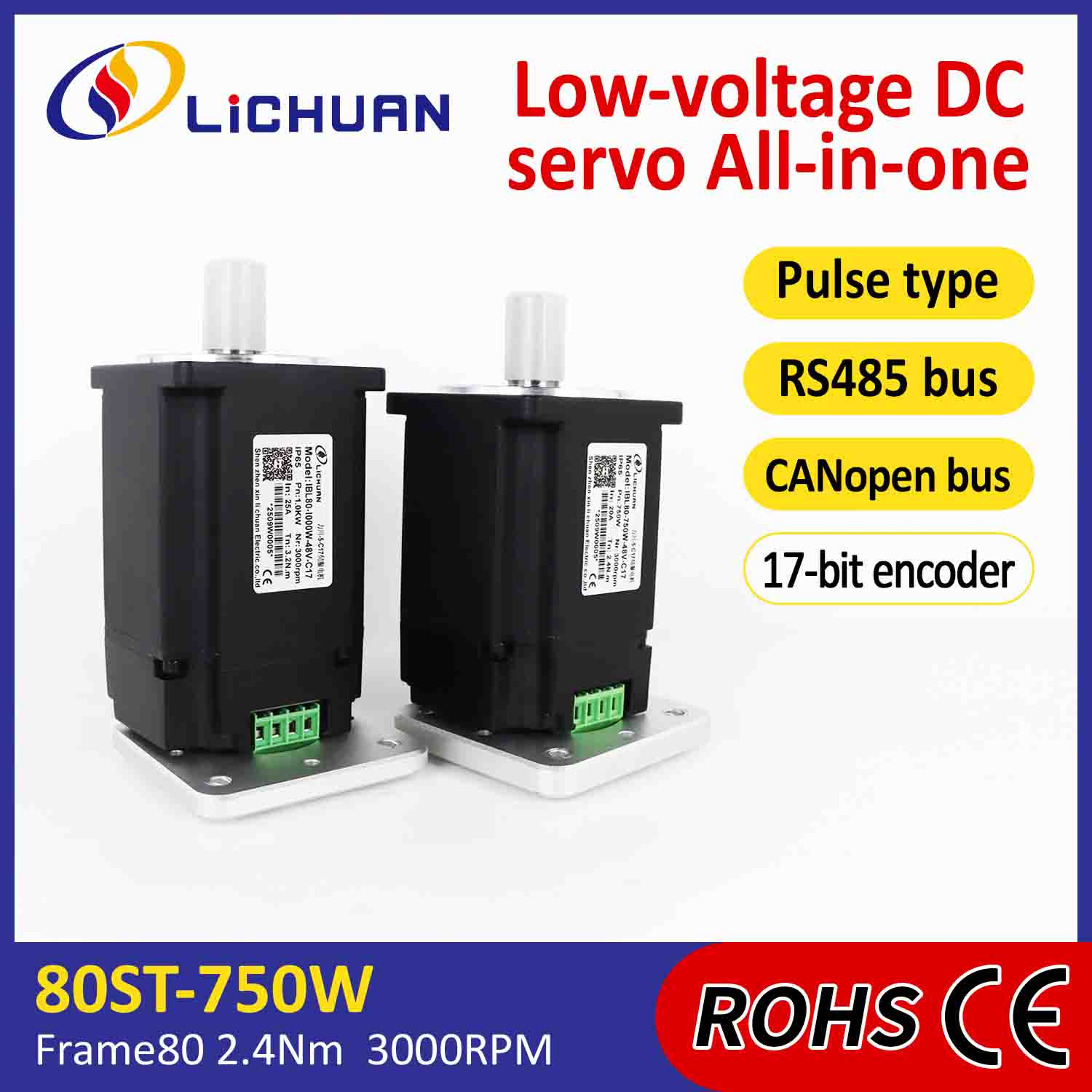 Lichuan Entegre Servo Motorlar Sürücü Darbesi/RS485/CANopen Kontrolü 750W 2,4N.m DC48V 20/25A 3000RPM IP65