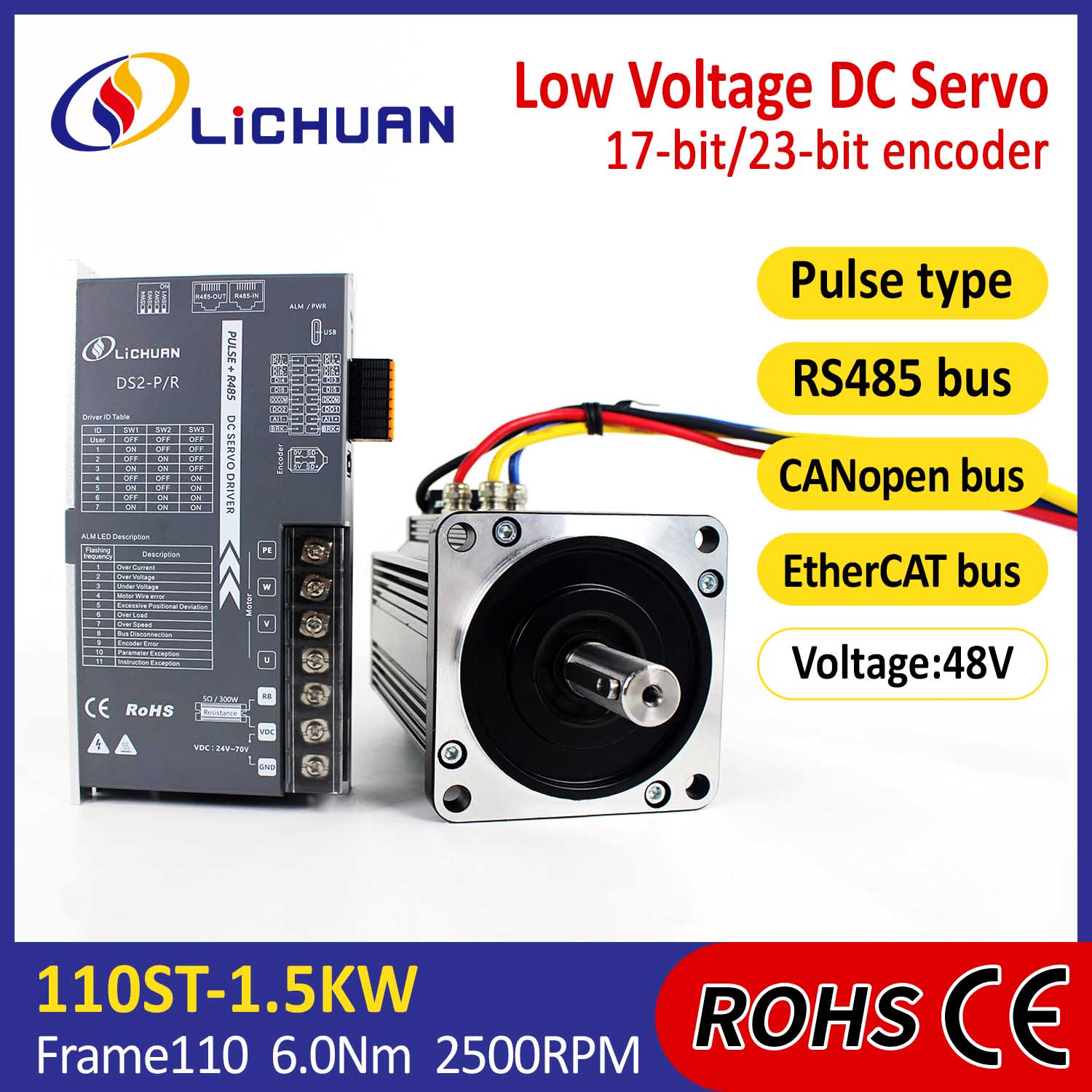 Pulse/RS485/CANopen/EtherCAT 110 FLANŞLI 1.5KW/1500W Alçak Gerilim DC Servo Motor Sürücüler Kiti