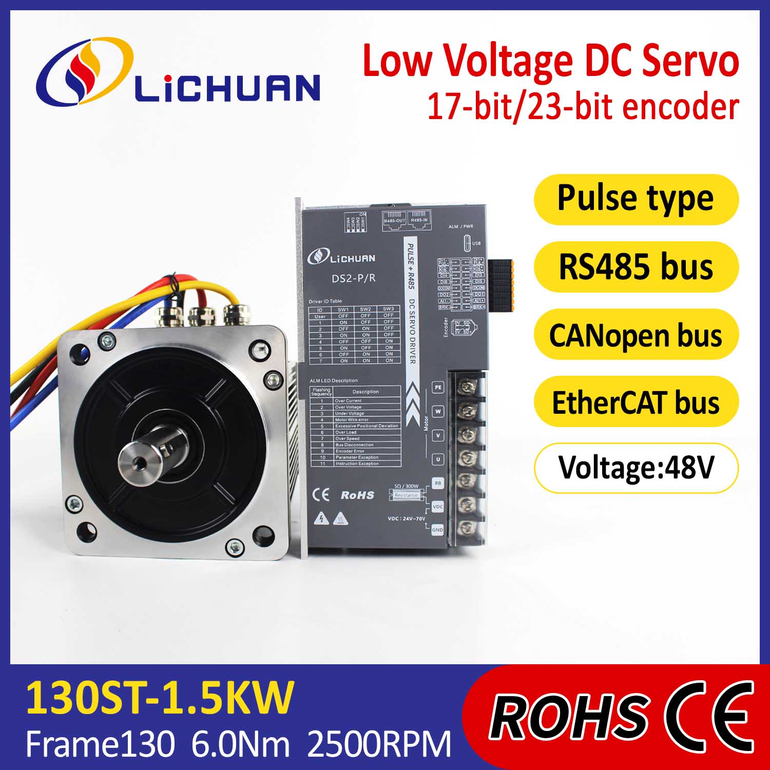 Pulse/RS485/CANopen/EtherCAT 130 FLANŞLI 1.5KW/1500W Alçak Gerilim DC Servo Motor Sürücüler Kiti