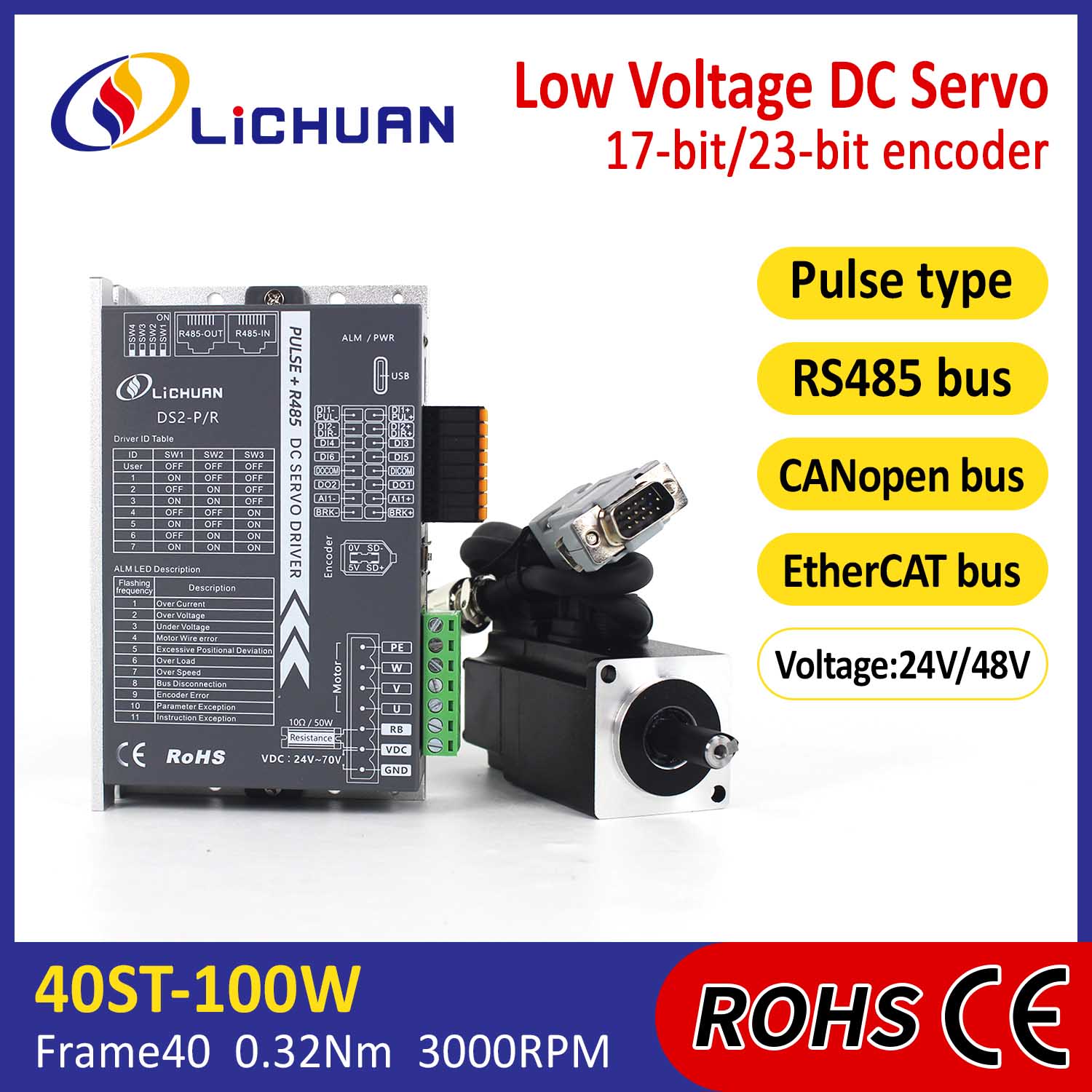 Pulse/RS485/CANopen/EtherCAT 40 FLANŞLI 100W Alçak Gerilim DC Servo Motor Sürücüler Kiti